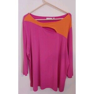 Susan Graver Liquid Knit Top Womens 2X Hot Pink Stretch Boat Neck Lagenlook
